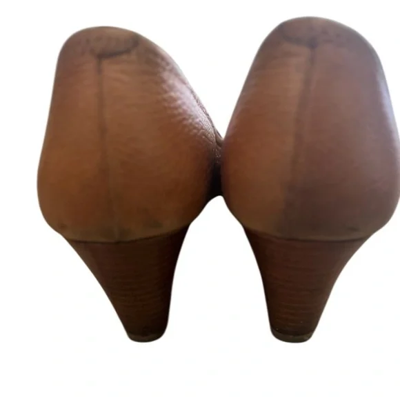 Tory Burch Sally Peep Toe Wedges Heels Brown Sz 9.5 Leather Gold Medallion Logo - Picture 4 of 7